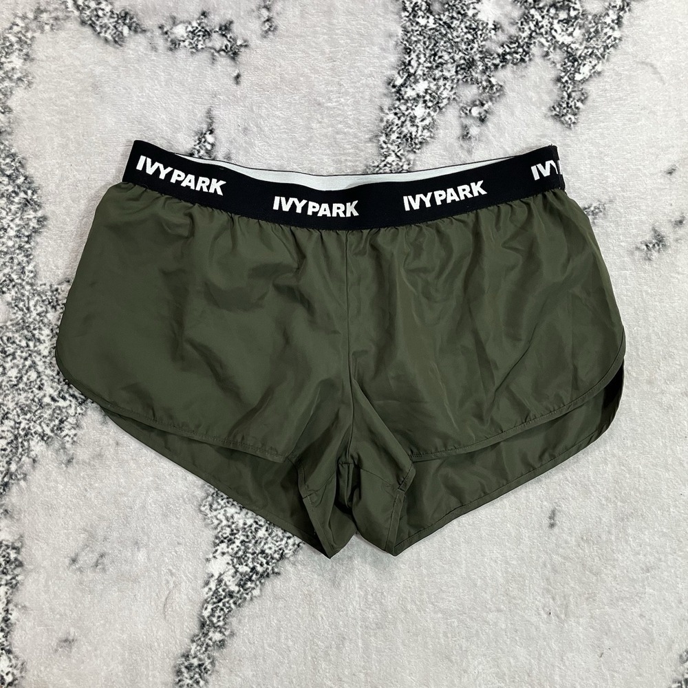 Ivy Park Women's Size Large Olive Green Athletic Running Shorts Logo Waistband
